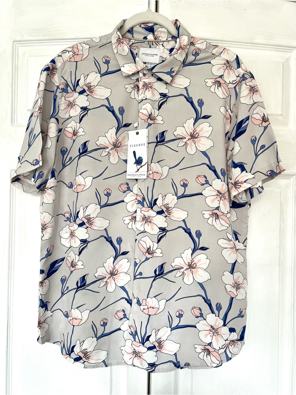 Denim & Flower Grey Short-Sleeve Floral Button-Up Viscose Shirt L size NWT